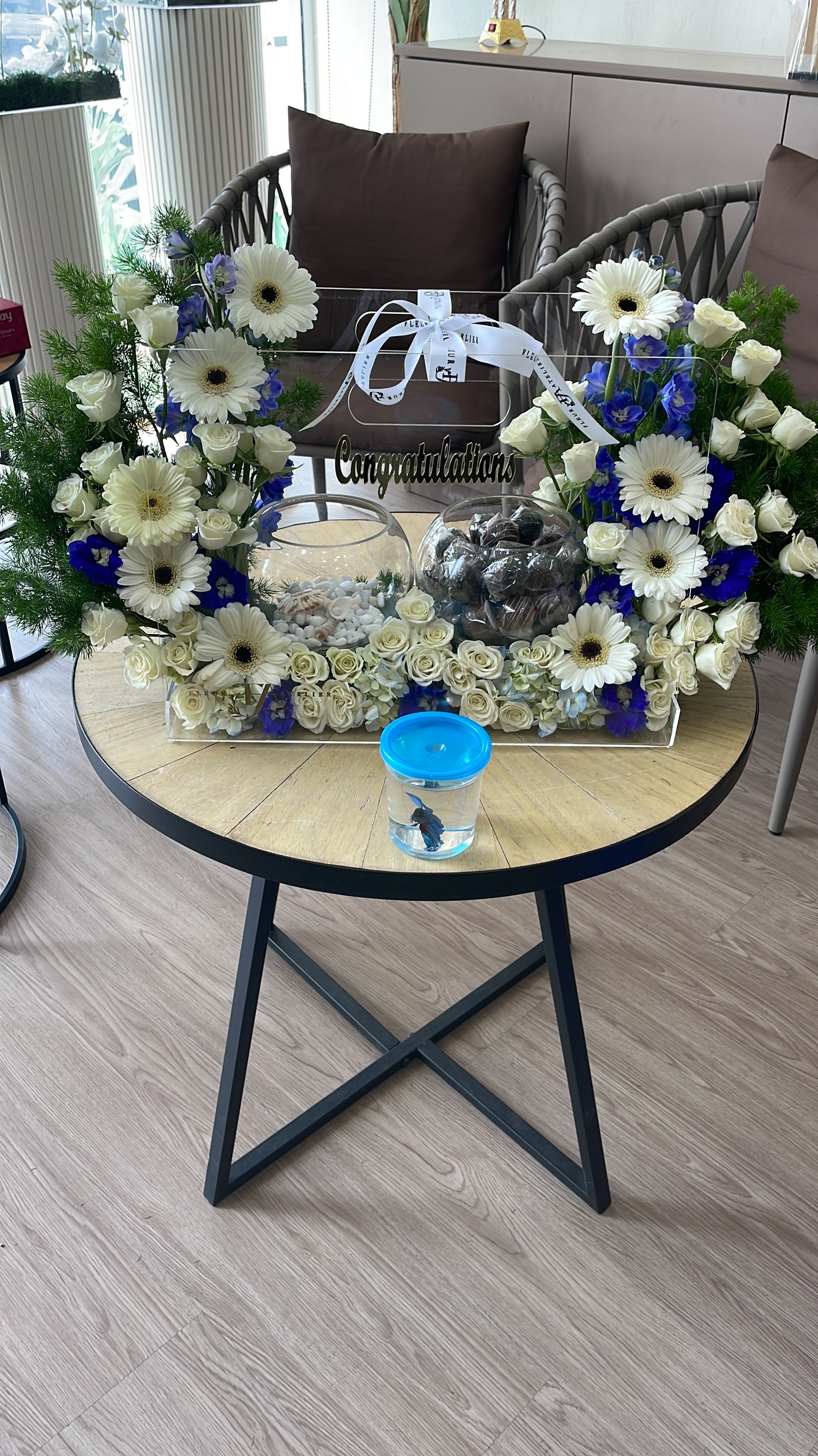 Flowers, Chocolates, Betta Fish - Blue and White
