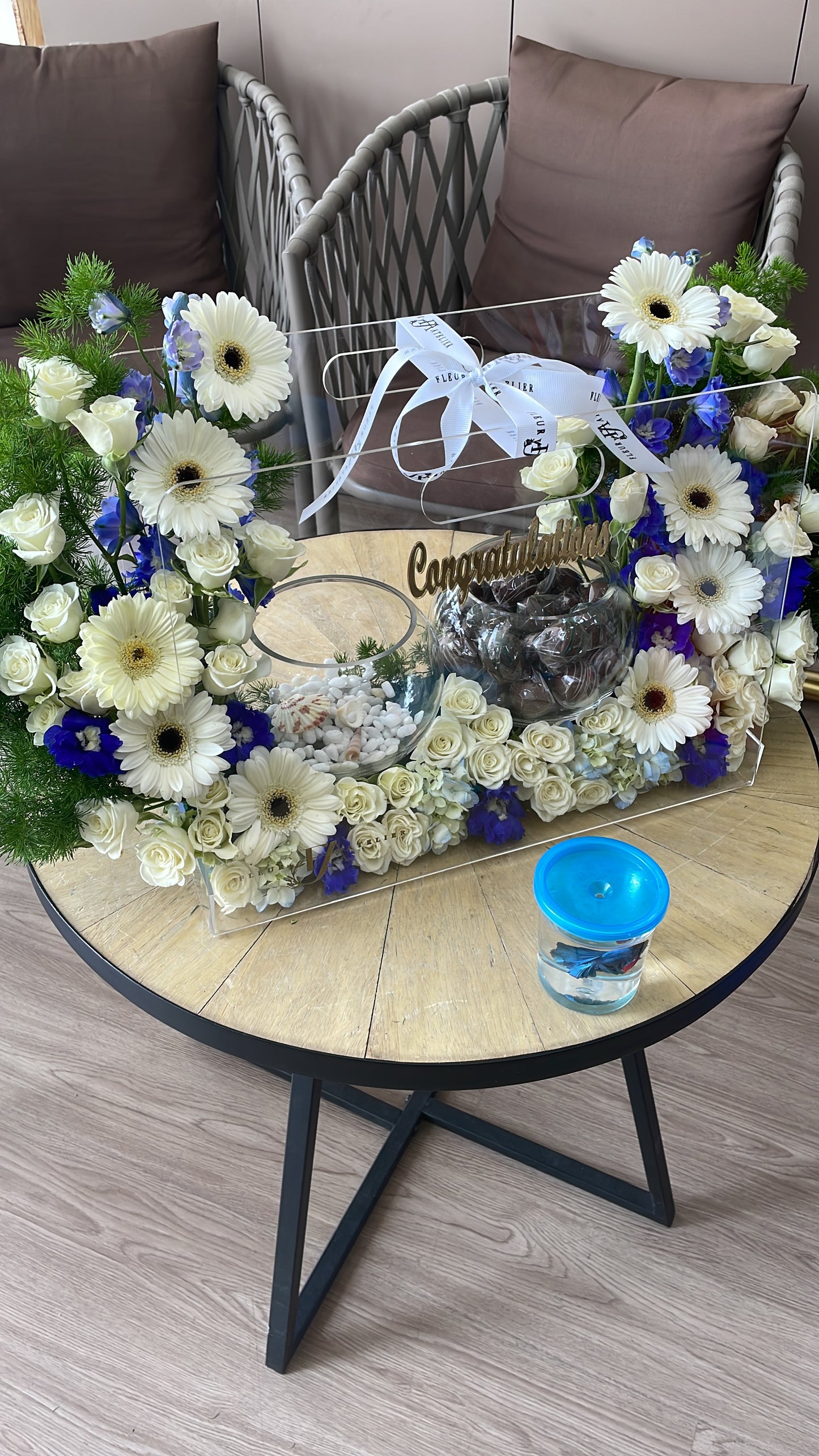 Flowers, Chocolates, Betta Fish - Blue and White