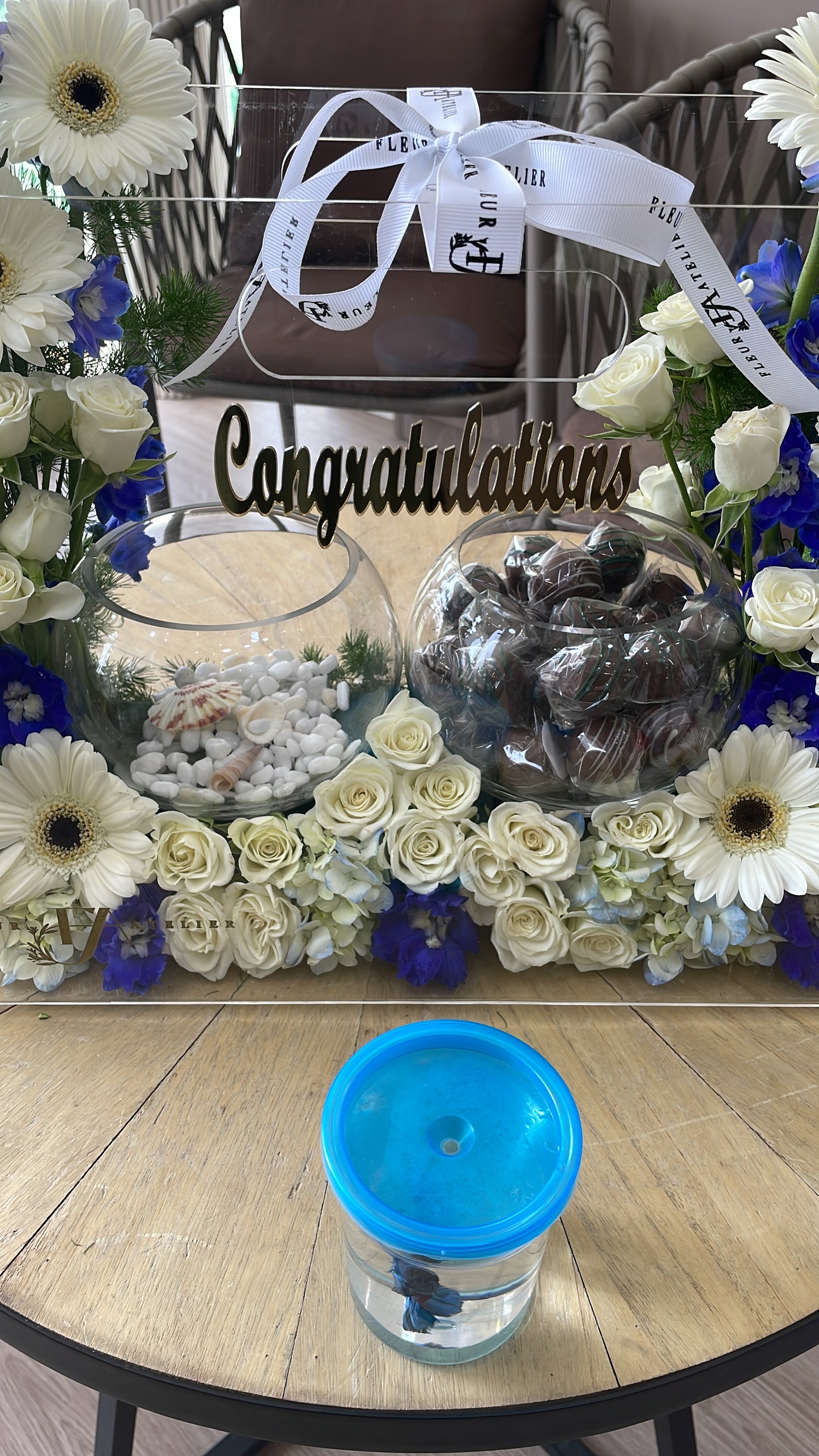 Flowers, Chocolates, Betta Fish - Blue and White