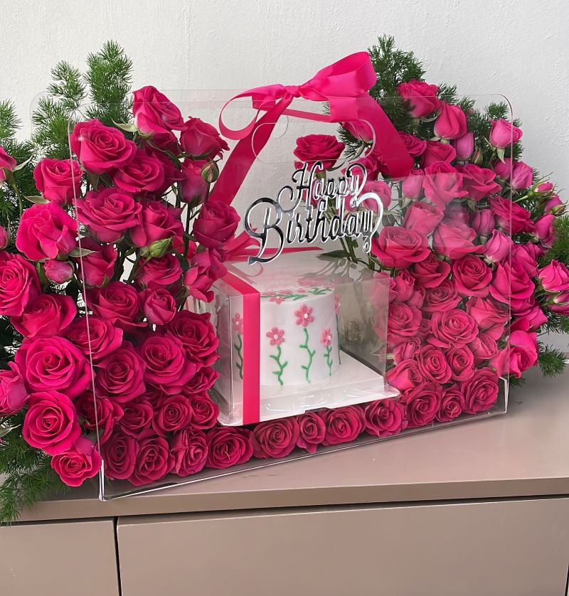 Fuchsia Mini Roses with cake