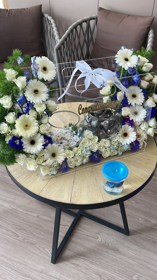 Flowers, Chocolates, Betta Fish - Blue and White